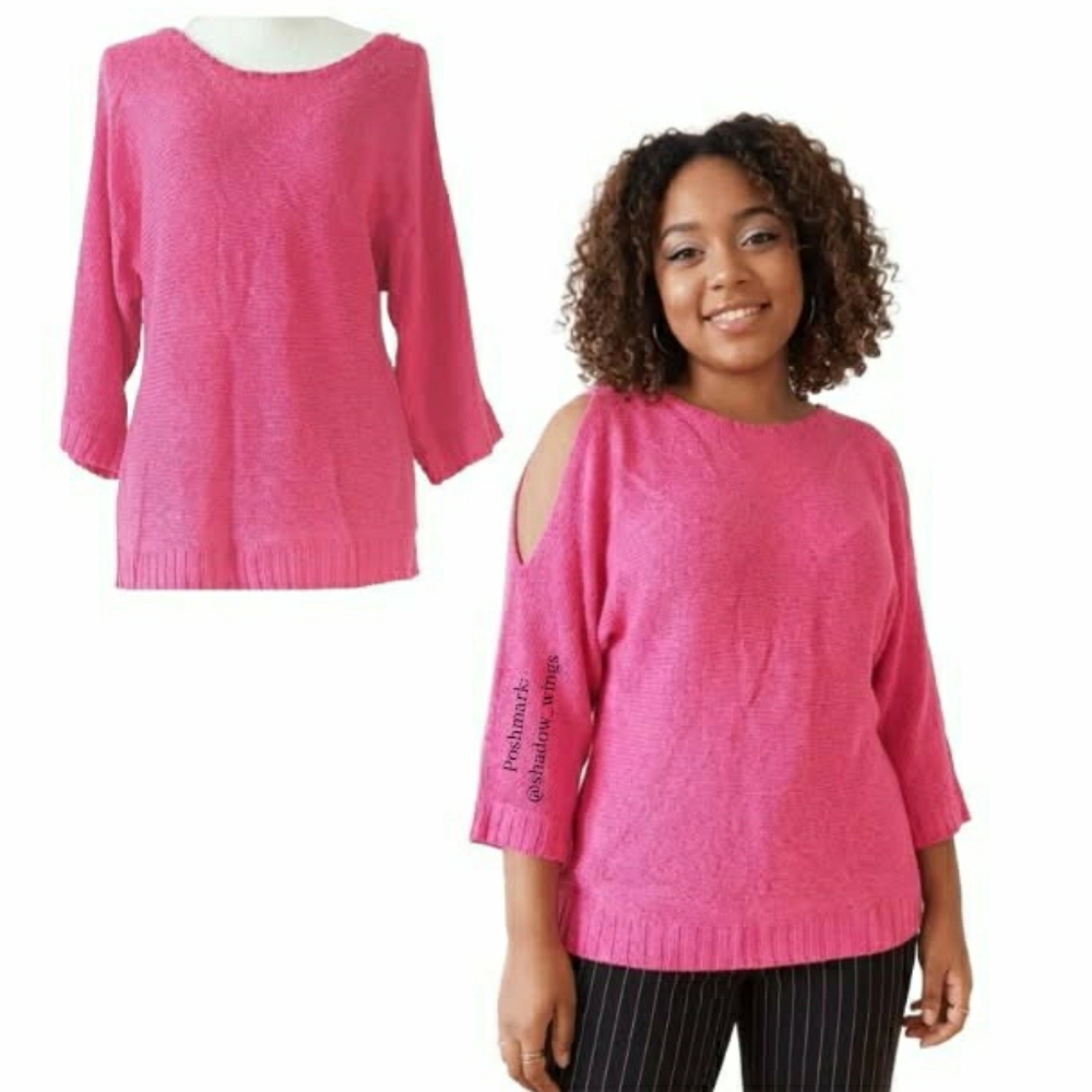 New York & Company Hot Pink Cold Shoulder Knit Sweater - Sz Large 3/4 Sleeves